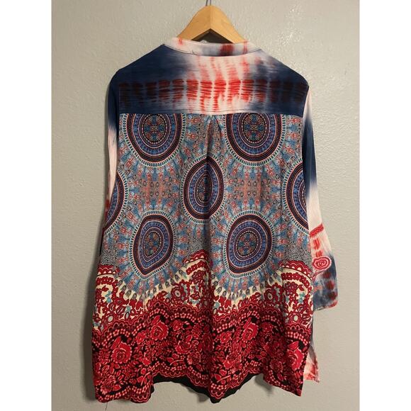 Calessa Blouse Womens 1X Blue Red Tie Dye Embroidered Boho Tunic Button Front - Picture 2 of 7